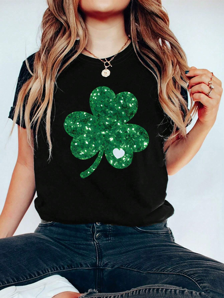 

Cotton-Blend Four-Leaf Clover Casual T-Shirt, Black, T-Shirts