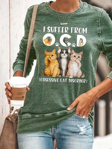 

Crew Neck Loose Casual Cat Sweatshirt, Green, Hoodies&Sweatshirts