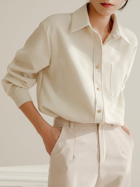 

Shirt Collar Long Sleeve Plain Regular Loose Blouse For Women, Apricot, Blouses