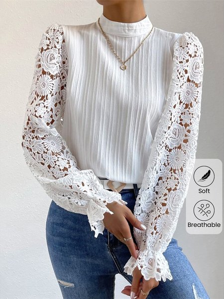 

Stand Collar Long Sleeve Plain Lace Regular Loose Shirt For Women, White, Blouses