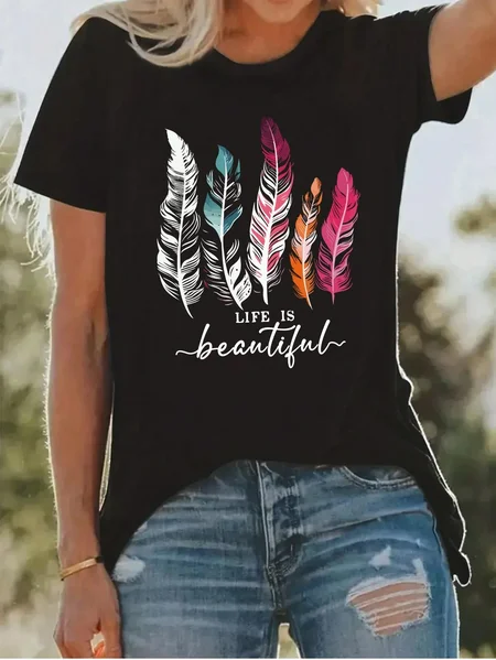 

Casual Cotton-Blend Feather Pattern Loose T-Shirt, Black, T-Shirts