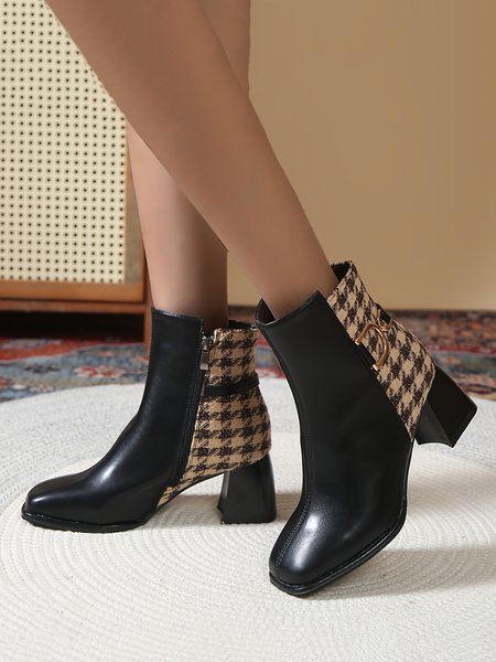 

Houndstooth Metal Decor Square Toe Chunky Heel Fashion Boots, Black, Boots
