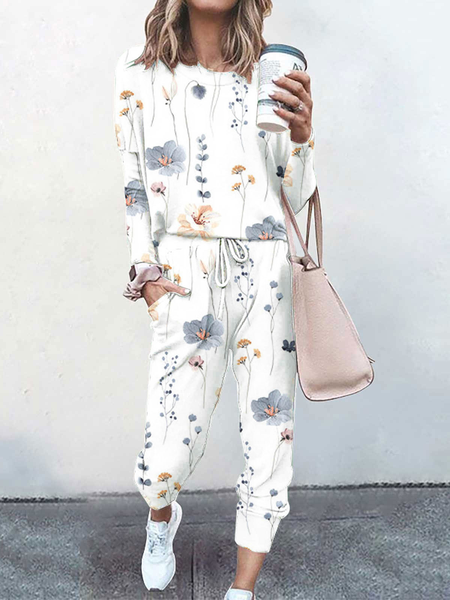

Loose Casual Regular Sleeve Crew Neck Floral Two-Piece Set, White, Suits