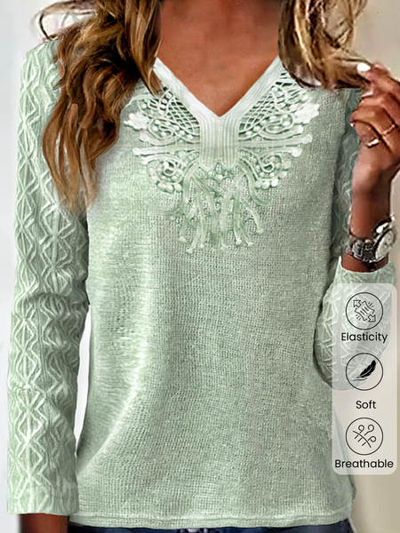 

V Neck Long Sleeve Plain Beaded Thicken Medium Elasticity Loose Shirt For Women, Lightgreen, Blouses