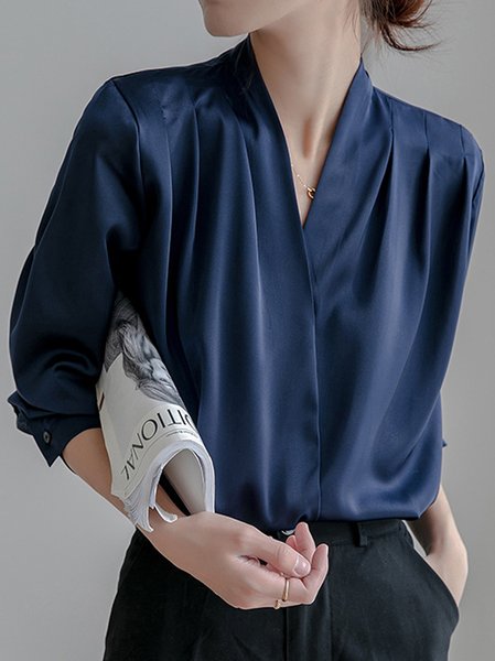V Neck Long Sleeve Plain Regular Loose Blouse For Women, Navyblue, Blouses