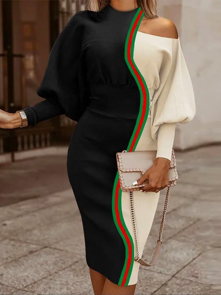 

Crew Neck Color Block Elegant Midi Dress, As picture, Midi Dresses