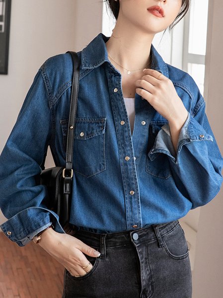 

Shirt Collar Long Sleeve Plain Regular Loose Blouse For Women, Blue, Blouses