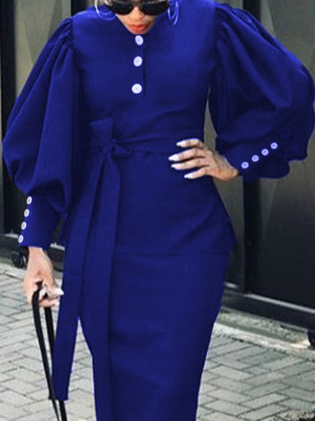 

Lantern Sleeve Elegant Crew Neck Regular Fit Shirt With Belt, Blue, Blouses and Shirts