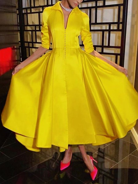 

Daily Elegant Plain Satin Shirt Collar Dress, Yellow, Maxi Dresses