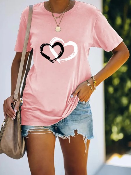 Heart/Cordate Crew Neck Casual T-Shirt, Pink, T-shirts