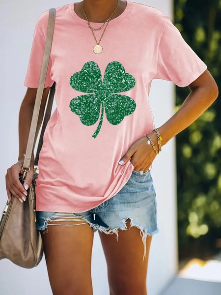 Casual Crew Neck Four-Leaf Clover T-Shirt, Pink, T-Shirts