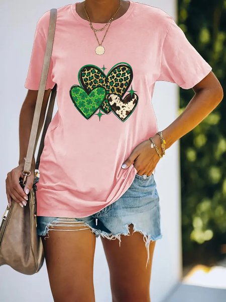 

Heart/Cordate Loose Cotton Casual T-Shirt, Pink, T-Shirts