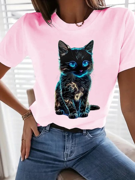 

Cotton Casual Regular Fit Cat T-Shirt, Pink, T-Shirts