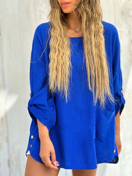 

Crew Neck Loose Casual Plain Linen Style Shirt, Blue, Blouses & Shirts