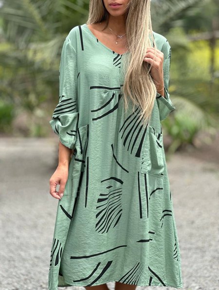 

Geometric V Neck Casual Linen Style Dress, Green, Midi Dresses