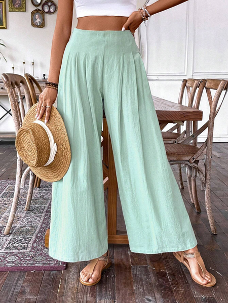 

JFN Loose Simple Pleated Cotton Pants, Light_green, Pants