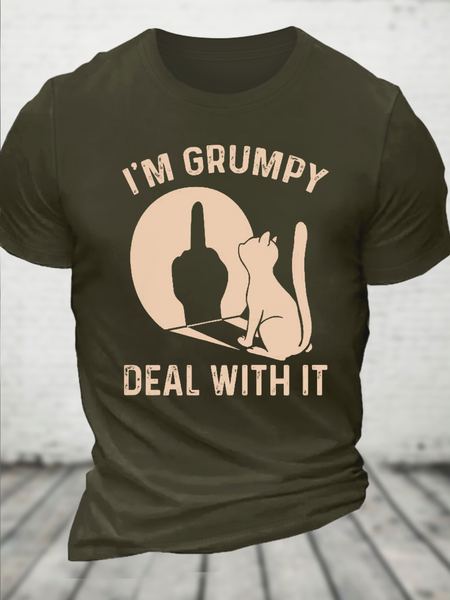 Cotton I'm Grumpy Deal With It Loose Casual Rabbit T-Shirt, Green, T-shirts