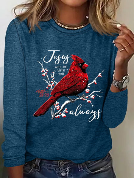 

Matthew 28:20 Jesus Will Be With You Always Print Crew Neck Bird Simple Cotton-Blend Long Sleeve Shirt, Blue, Long sleeves
