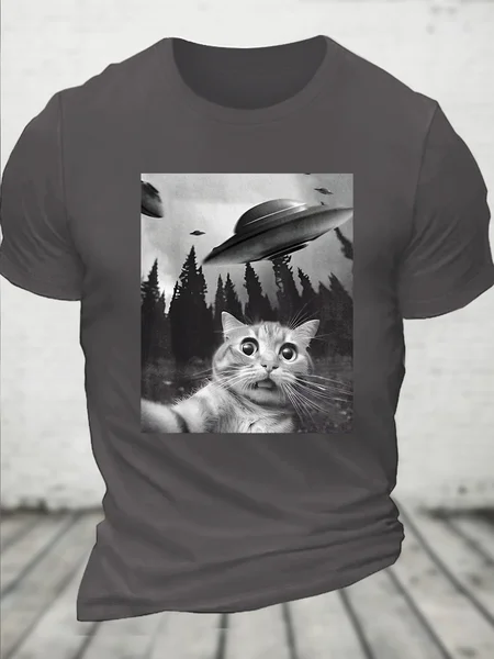 

Cotton Funny Cat Spaceship Print Casual Loose T-Shirt, Deep gray, T-shirts