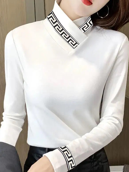 

High Elasticity Tight Stand Collar Long Sleeve Urban T-Shirt, White, Tees