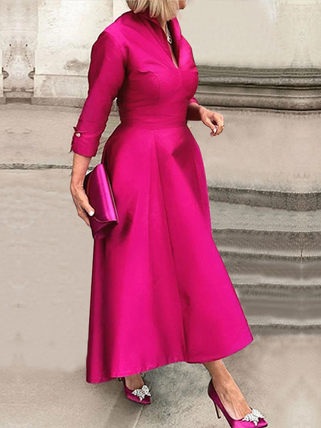 

Shawl Collar Three Quarter Sleeve Elegant Plain Regular Fit Maxi Dress, Rose red, Maxi Dresses