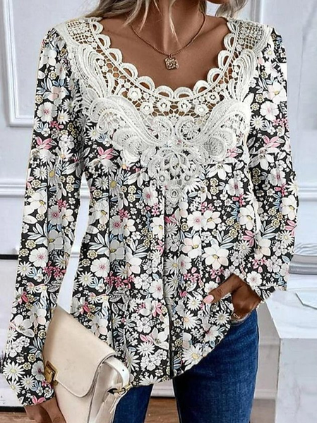 

Women's Long Sleeve Blouse Spring/Fall Floral Lace Crew Neck Daily Going Out Casual Top, Multicolor, Shirts