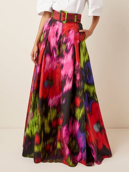

Loose Elegant Floral Pattern Skirt With Belt, As picture, Skirts