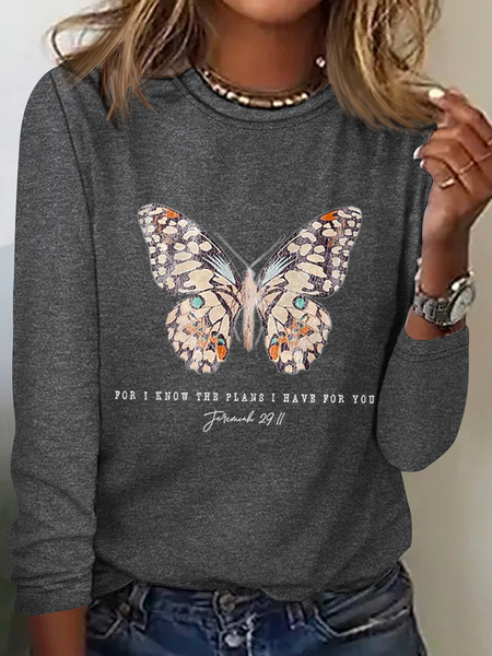 

Women's Casual Jeremiah 29 11 For I Know the Plans I Have For You Print Cotton-Blend Crew Neck Butterfly Long Sleeve Shirt, Gray, Long sleeves