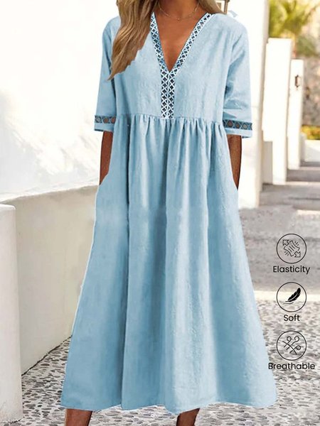 

Women Plain V Neck Half Sleeve Comfy Casual Lace Midi Dress, Blue, Dresses