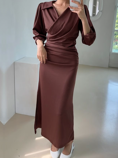 

Regular Fit Shirt Collar Long Sleeve Elegant Maxi Dress, Brown, Maxi Dresses