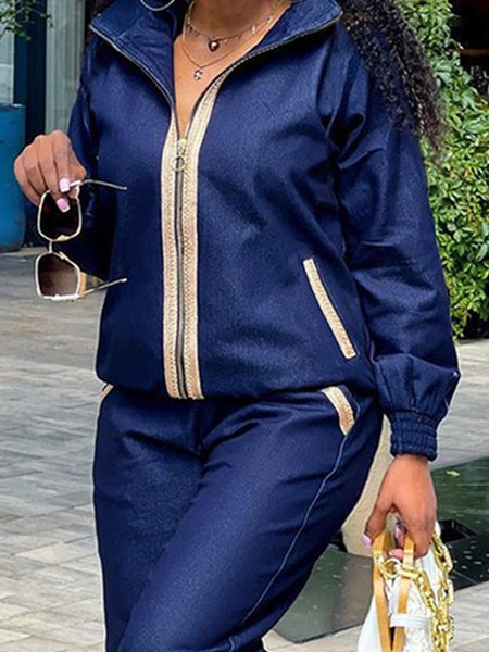 

Casual Loose Plain Zipper Long Sleeve Jacket, Blue, Jackets
