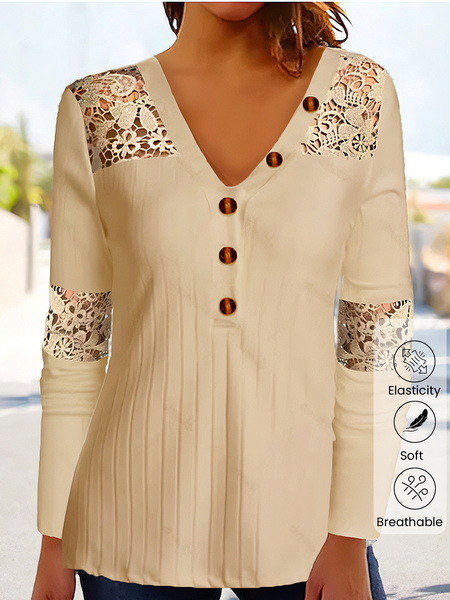 

V Neck Long Sleeve Plain Lace Regular Micro-Elasticity Loose Shirt For Women, Yellow, Blouses