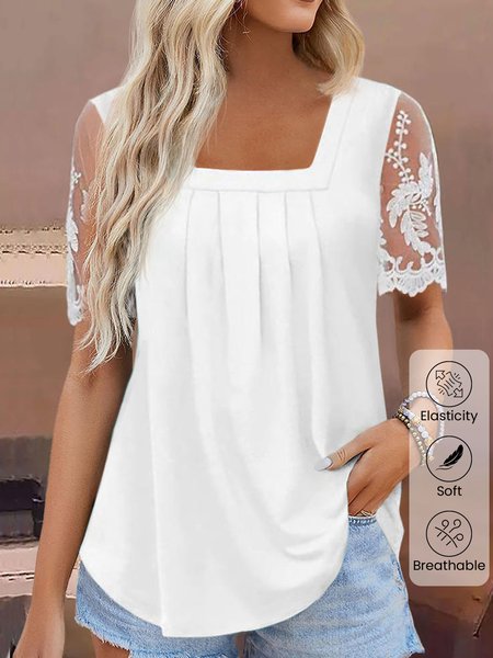 

Square Neck Short Sleeve Plain Lace Regular Micro-Elasticity Loose Shirt For Women, White, Blouses