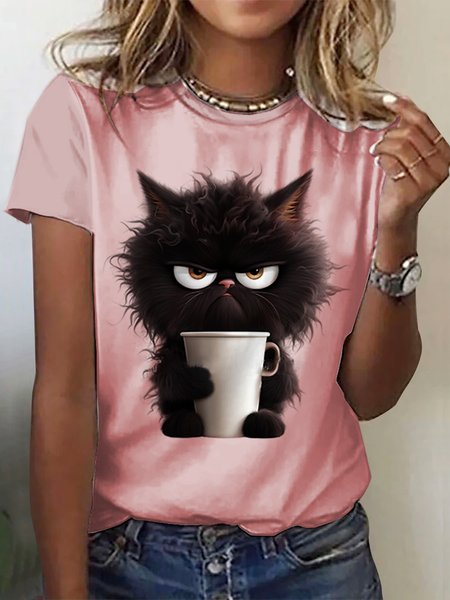 

Cat Casual Crew Neck T-Shirt, Pink, T-Shirts