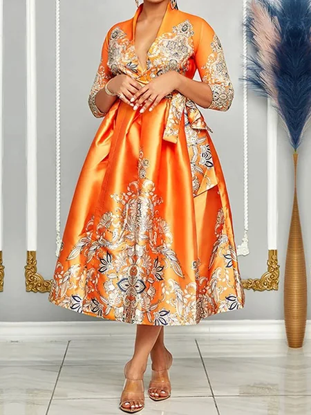 

Elegant Regular Fit V neck Three Quarter Sleeve Maxi Dress With Belt, Orange, Midi Dresses