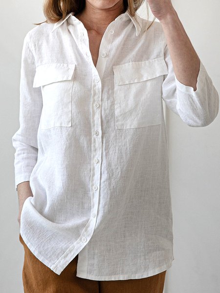 

Cotton Loose Simple Shawl Collar Blouse, White, Blouses & Shirts