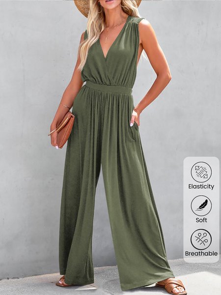 

Women Sleeveless V Neck Loose Long Daily Linen Plain Jumpsuits, Army green, Jumpsuits&Rompers