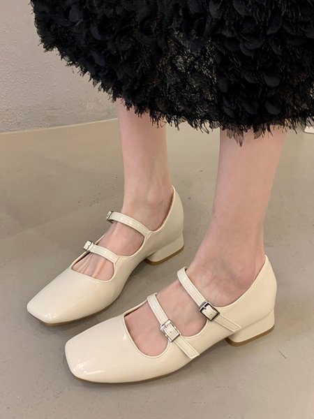 

Women Minimalist Square Toe Low Heel Mary Jane Shoes, Off white, Heels