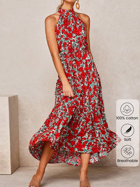 

Women Floral Halter Sleeveless Comfy Boho Maxi Dress, Red, Dresses