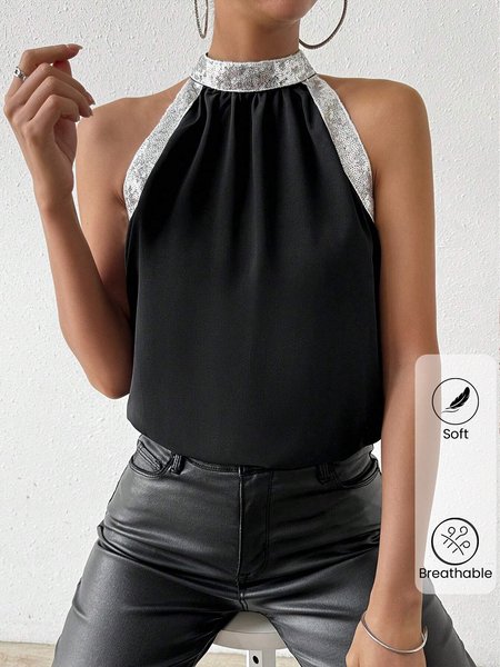 

Casual Halter Plain Tank Top Glitter, Black, Tanks & Camis
