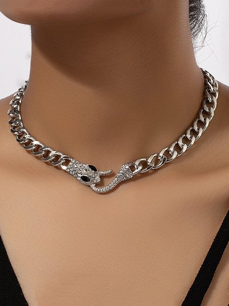 

Rhinestone Snake Necklace Fashion Party Metal Chain Choker, Silver, Necklaces