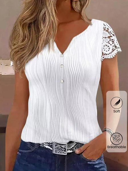 

Notched Short Sleeve Plain Lace Regular Micro-Elasticity Loose Shirt For Women, White, Blouses
