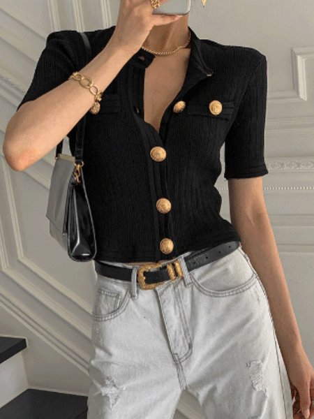 Daily Buttoned Plain Casual T-Shirt, Black, Tees