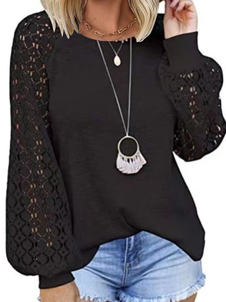 

Women Plain Crew Neck Casual Long Sleeve T-shirt, Black, Long Sleeves