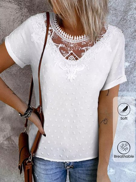 

Crew Neck Short Sleeve Plain Lace Regular Loose Shirt For Women, White, Blouses