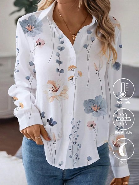 

Floral Casual Shawl Collar Loose Blouse, White, Blouses & Shirts