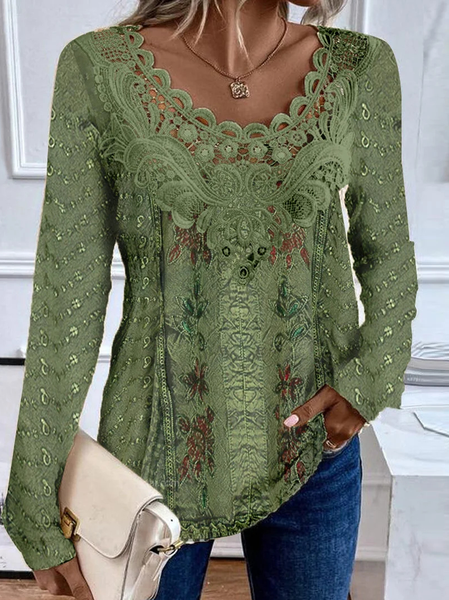 

Women's Long Sleeve Blouse Spring/Fall Random Print Lace Jersey Crew Neck Daily Going Out Casual Top Green, Shirts & Blouses