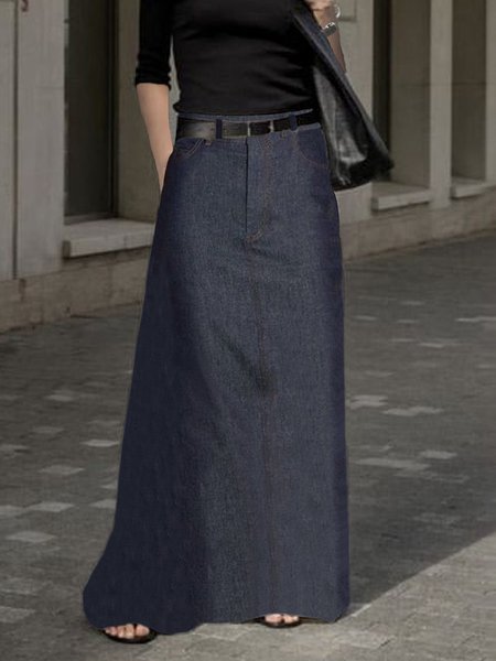 

Urban Plain Regular Fit Faux Denim Maxi Skirt, Denim blue, Denim Skirts