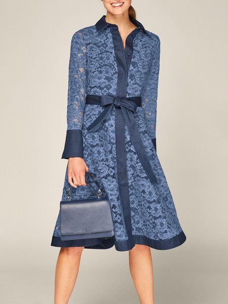 

Elegant Regular Fit Shirt Collar Dress With Belt, Blue, Midi Dresses