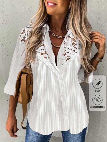 

Shirt Collar Long Sleeve Plain Lace Regular Loose Blouse For Women, White, Blouses